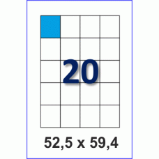 Этикетка в листах А4, 20 шт на листе, размер 52,5х59,4, упаковка 100 листов, прямые углы