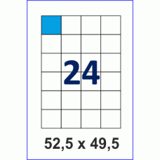 Этикетка в листах А4, 24 шт на листе, размер 52,5х49,5, упаковка 100 листов, прямые углы