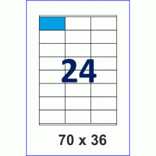 Этикетка в листах А4, 24 шт на листе, размер 70х36, упаковка 100 листов, прямые углы
